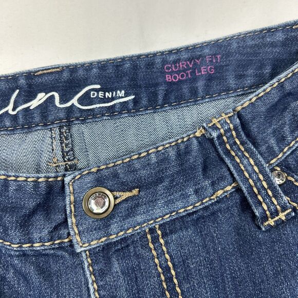 INC Curvy Fit Boot Leg Women's 10 Long Dark Wash Blue Denim Jeans Distressed - Picture 13 of 14